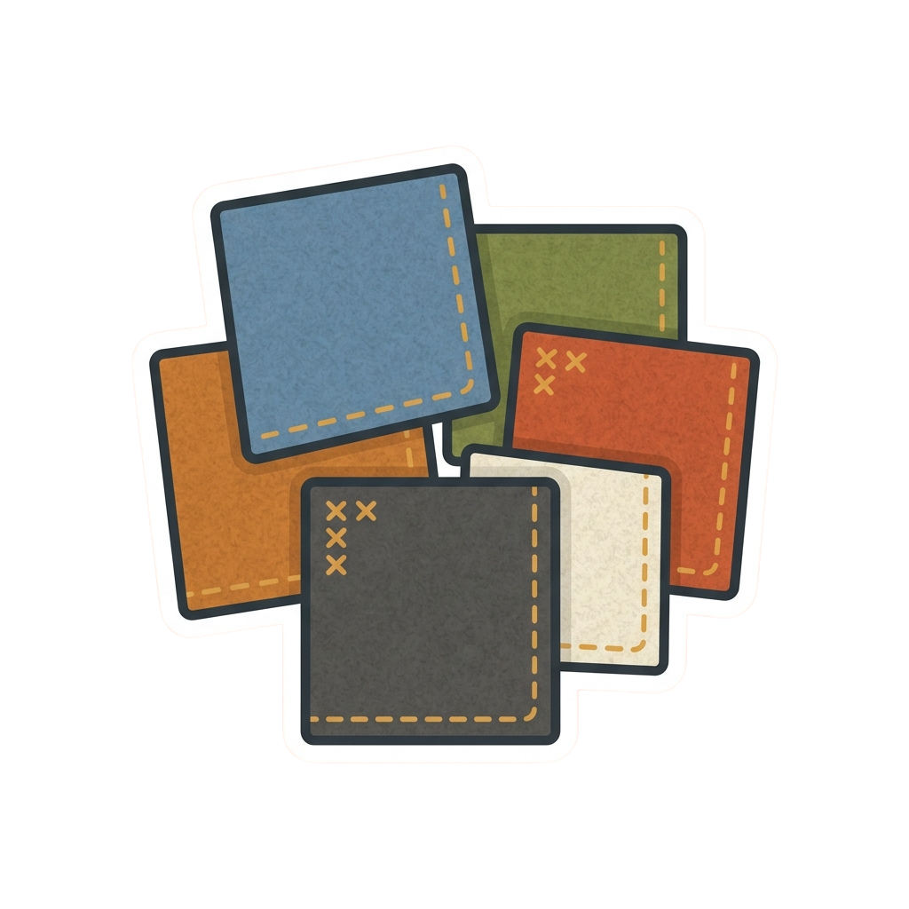 Five fabric swatches in different colors with stitched edges and X marks on some samples