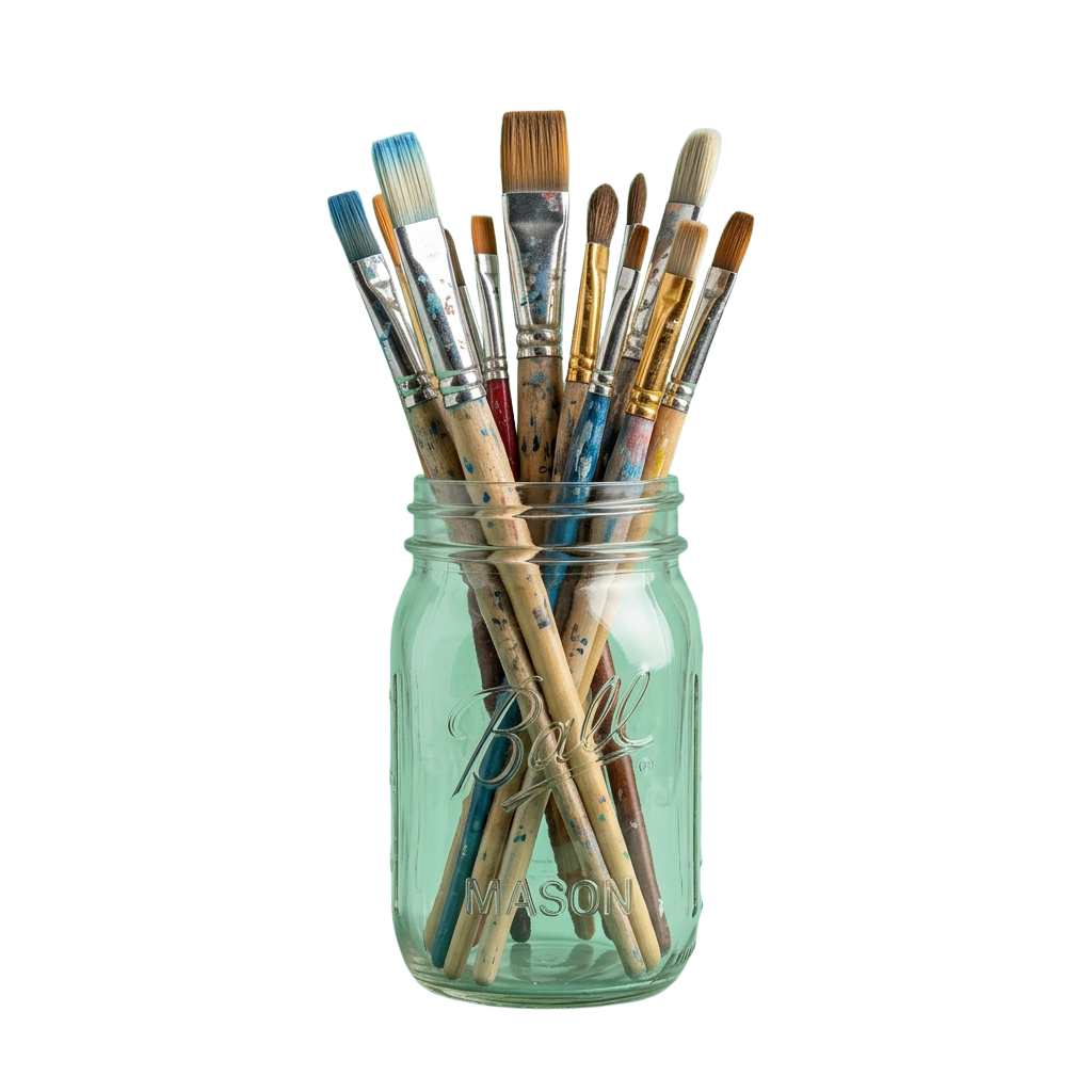 A collection of paintbrushes with various bristle sizes and colors stored in a green glass jar