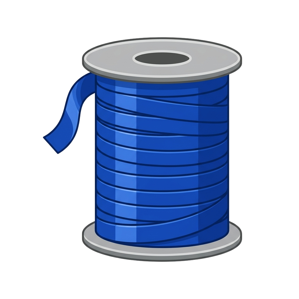 A cylindrical spool of blue thread with white base and a blue ribbon tied around it