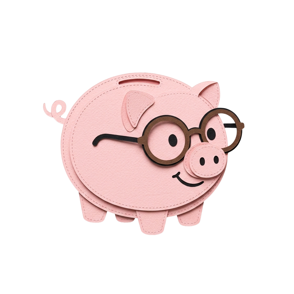 A cartoon piggy bank wearing glasses and smiling, designed in a light pink color.