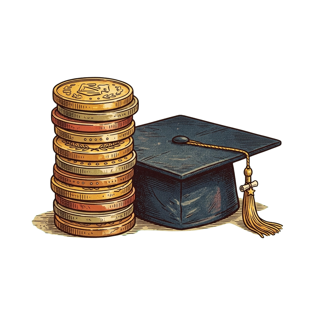 A graduation cap placed next to a stack of gold coins on a dark background