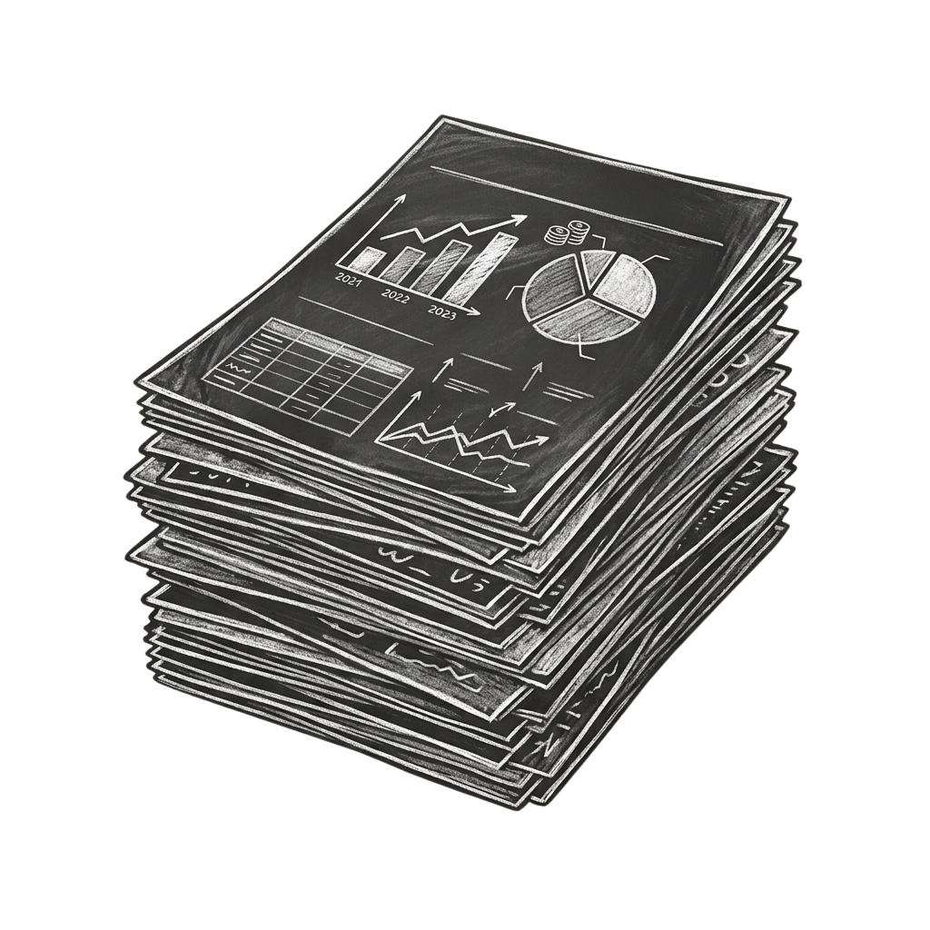 A stack of black and white chalkboard-style documents featuring graphs, charts, and financial data illustrations