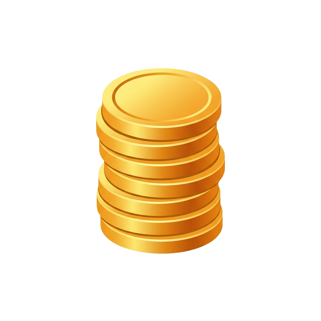 A stack of eight shiny gold-colored coins against a black background