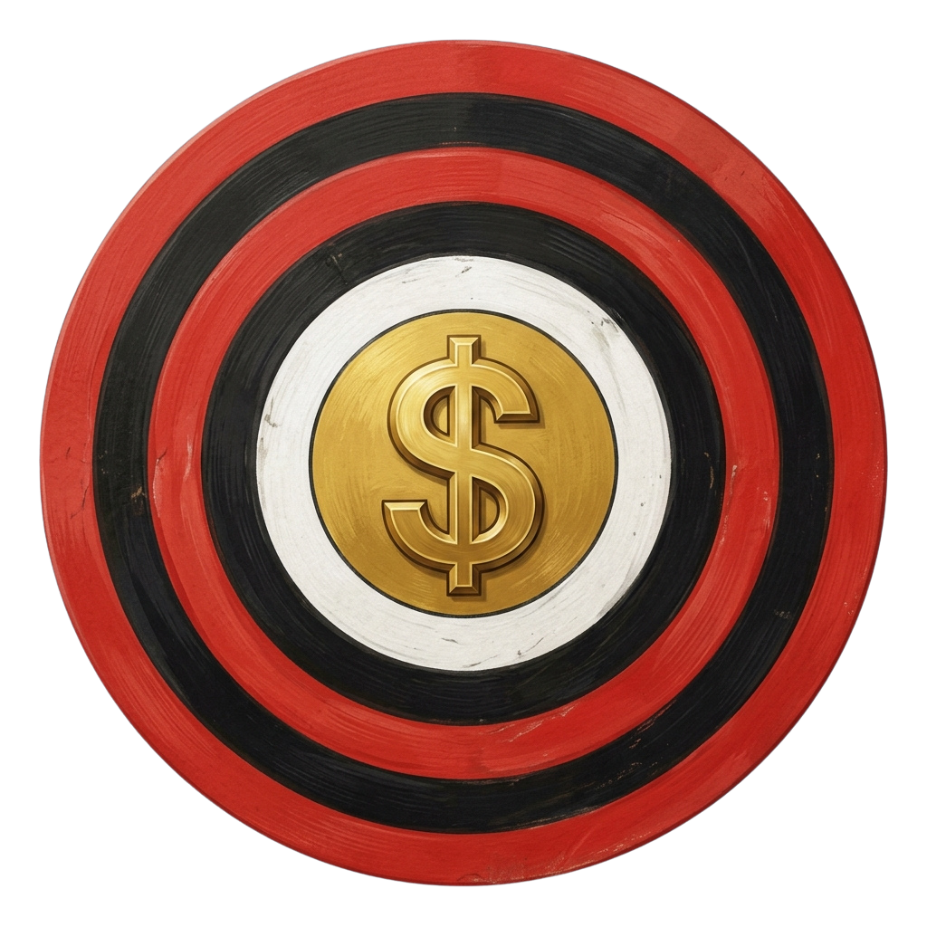 A bullseye target with concentric red, black, and white rings featuring a gold dollar sign in the center