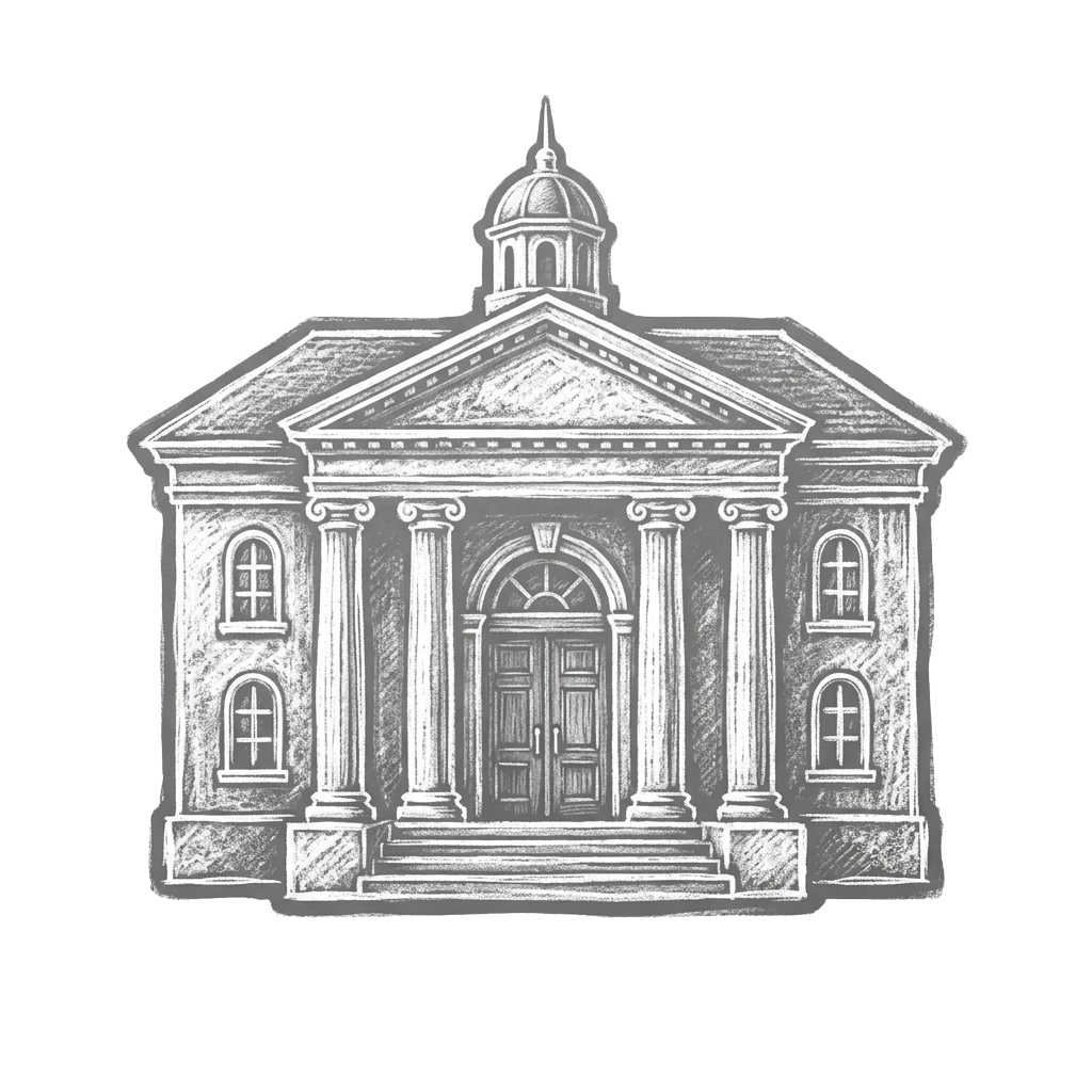 Sketch of a neoclassical building with columns, pediment, and dome structure