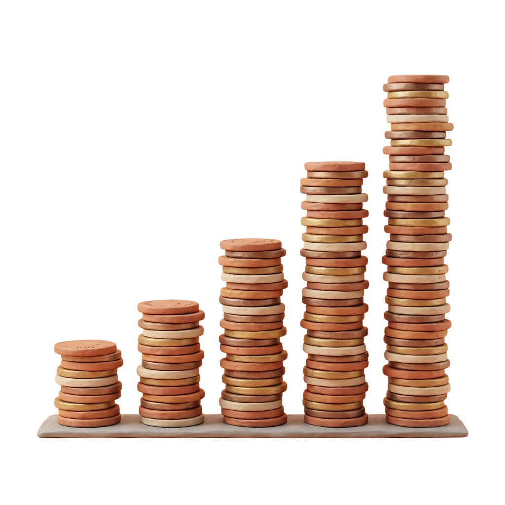 Five ascending stacks of copper-colored coins on a flat surface.