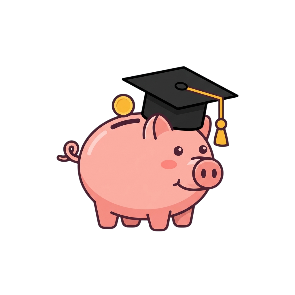 Cartoon piggy bank wearing a graduation cap and holding a gold coin on its back