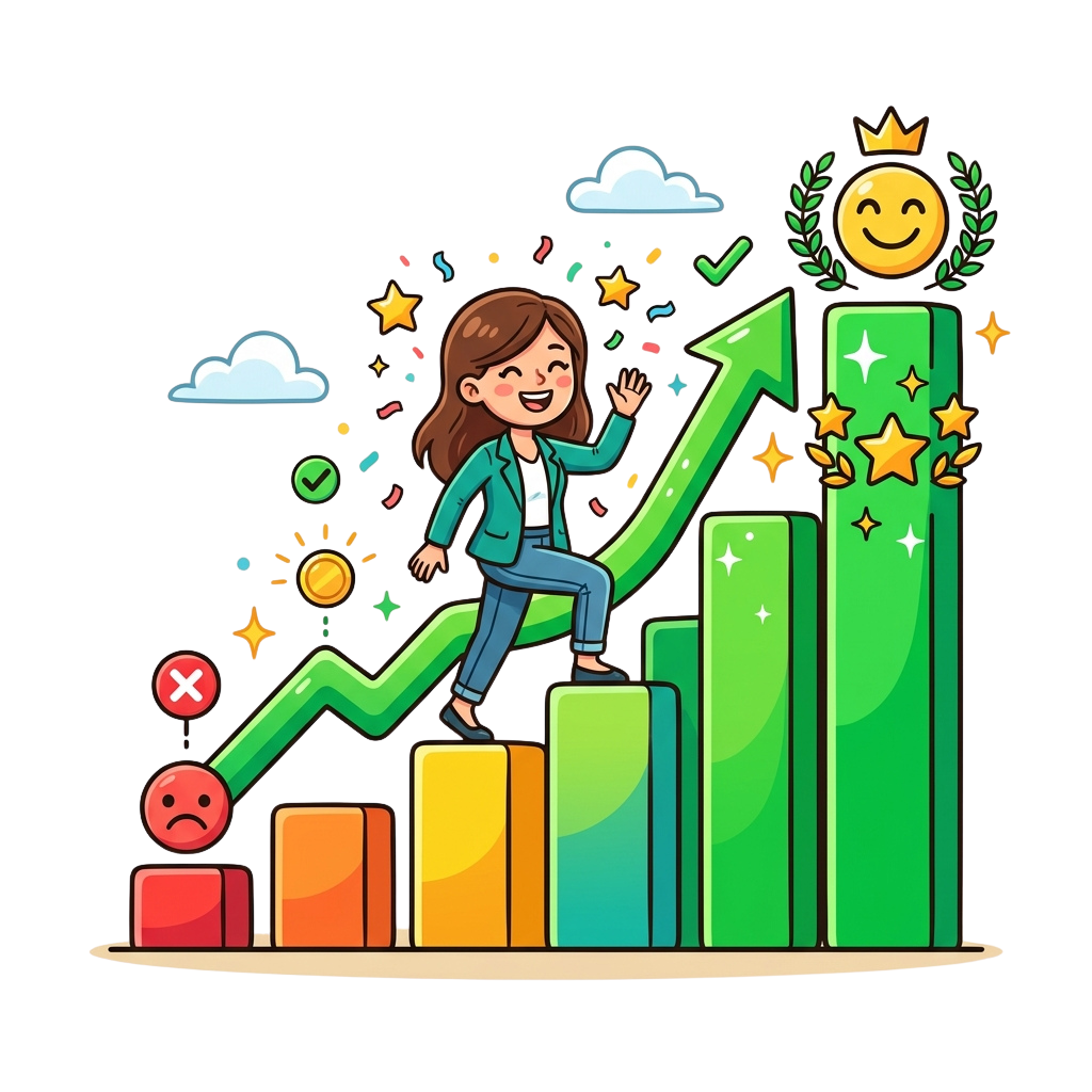 Happy woman in business attire climbing a green upward-trending bar chart with confetti and stars around her.