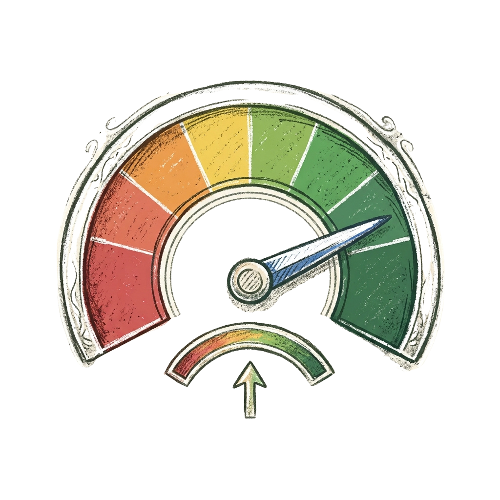 Sketch-style speedometer gauge showing increasing speed from red to green zones with an upward-pointing arrow