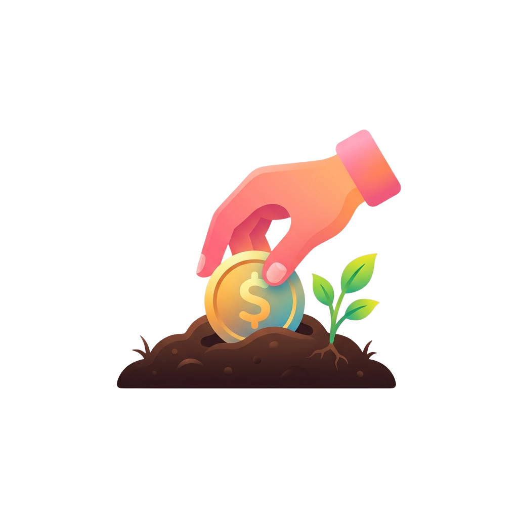 Hand placing a coin labeled with a dollar sign into soil next to a small green sprout