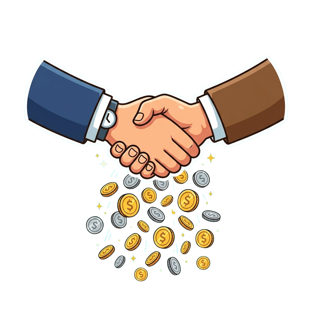 Illustration of two hands in business attire shaking hands with coins and dollar signs sparkling between them