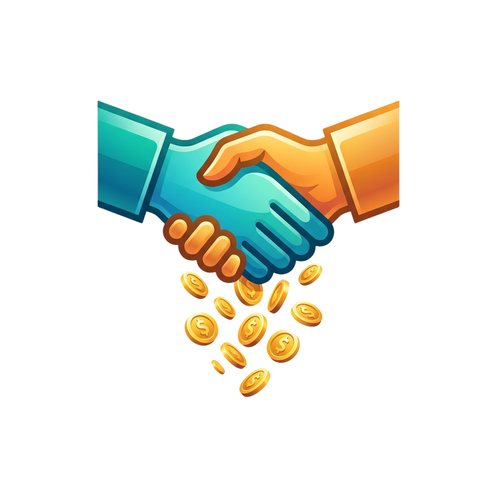 Two hands in a handshake with golden coins falling between them