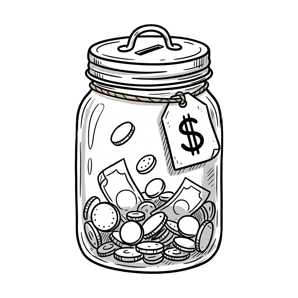 Illustration of a transparent jar piggy bank filled with coins and a dollar sign tag hanging on the side