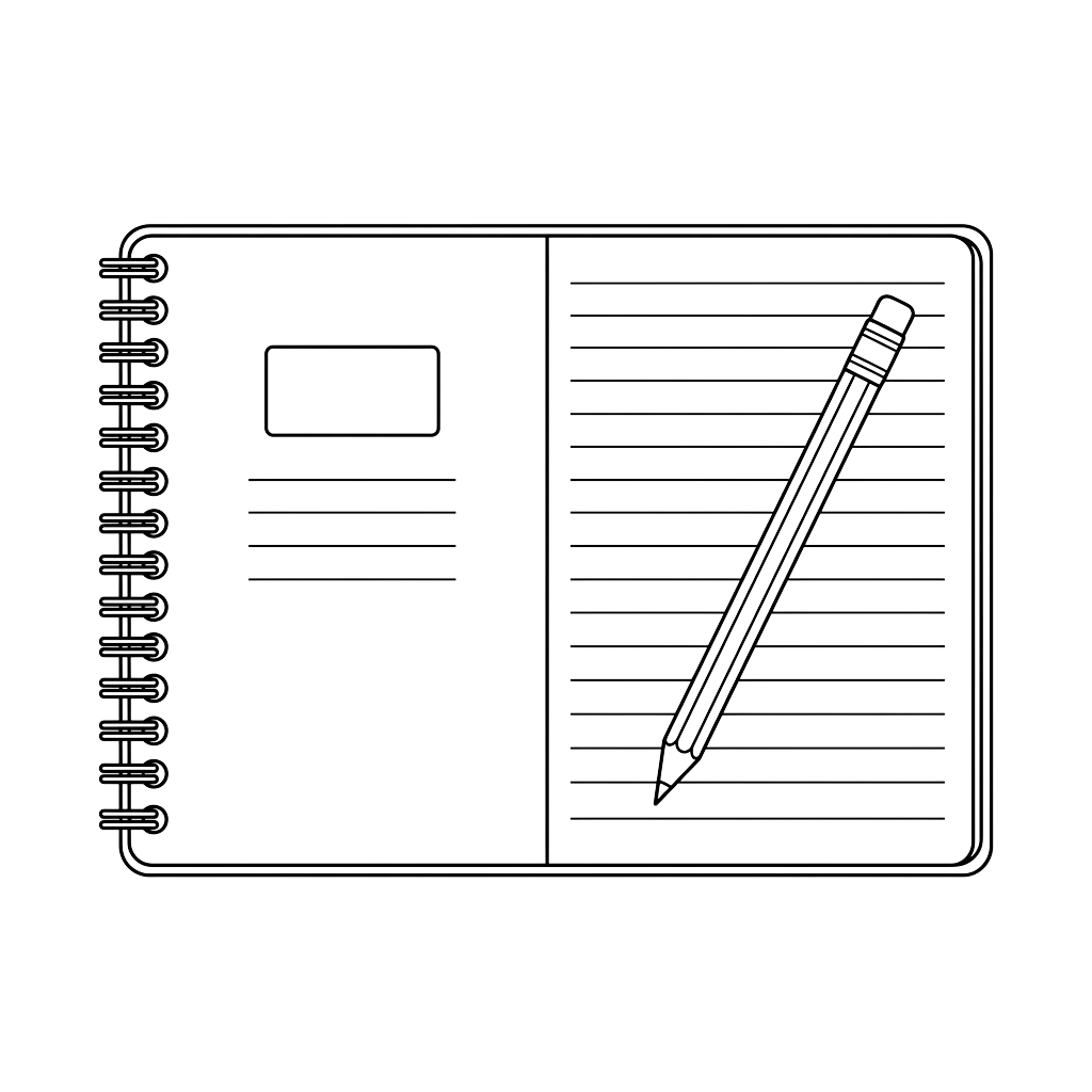 A sleek spiral-bound notebook with lined pages and a pencil resting diagonally on the right side.