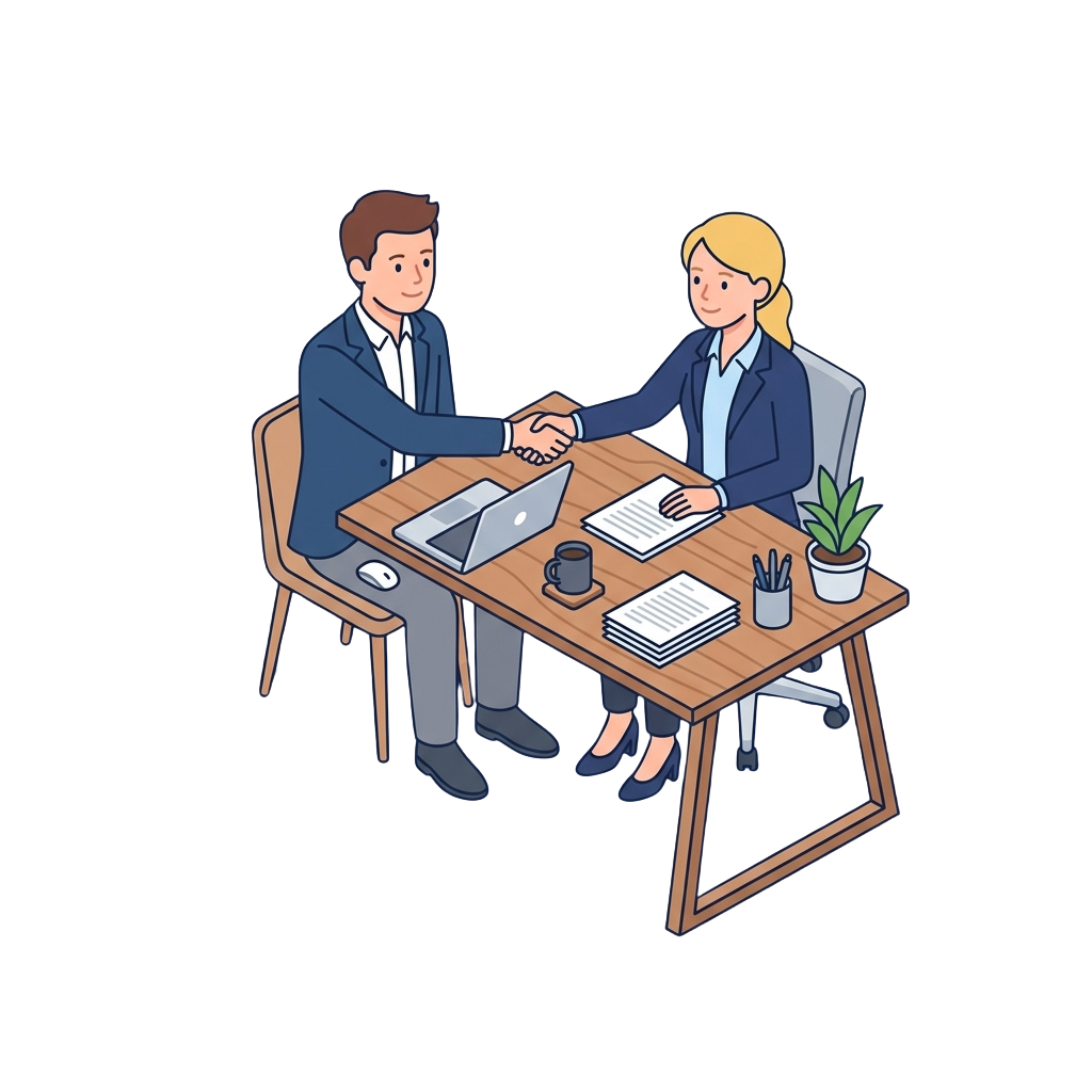Two people in business attire shaking hands across a table with a laptop, notebooks, and a small potted plant
