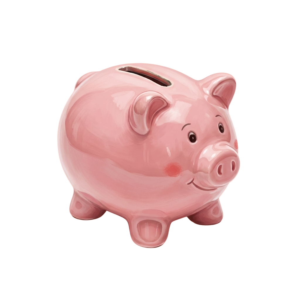 A smiling pink piggy bank with a slot on top for coins