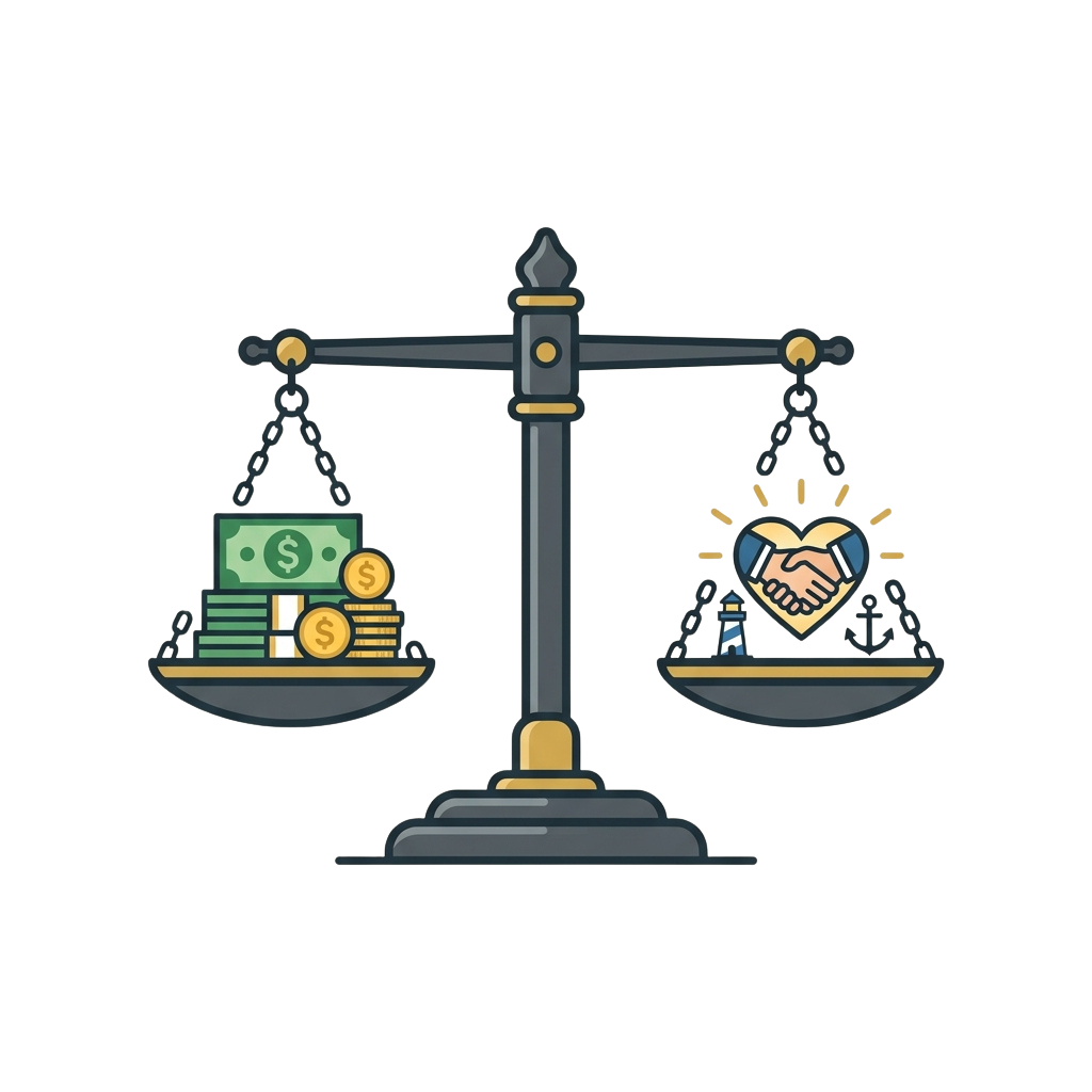 A scale balancing money symbols on the left and a handshake with a heart on the right