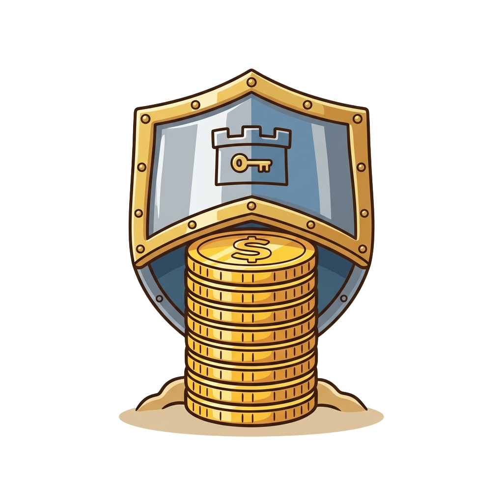 A shield with a key and castle icon protecting a stack of gold coins symbolizing financial security