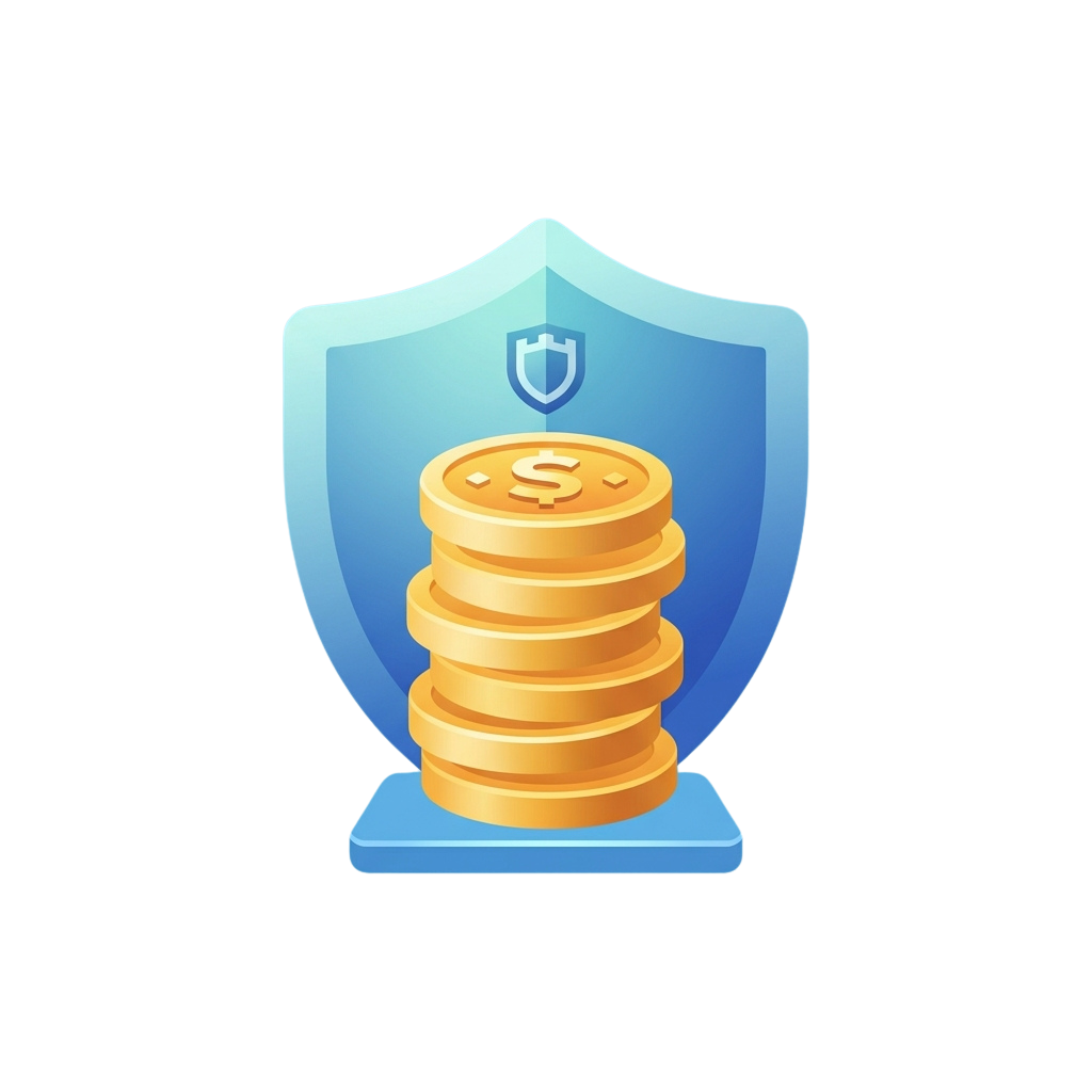 A shield icon protecting a stack of gold coins symbolizing financial security