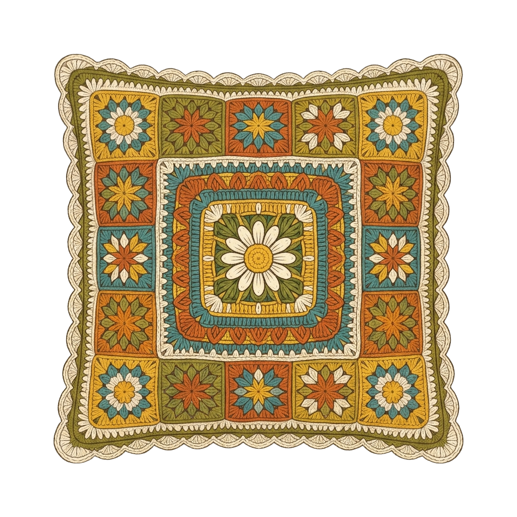 Colorful crocheted square featuring floral and geometric designs in yellow, orange, green, and white with scalloped edges