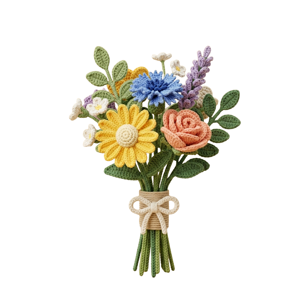 A colorful crocheted flower bouquet with yellow daisy, peach rose, blue cornflower, purple lavender, and white flowers tied with a jute ribbon.
