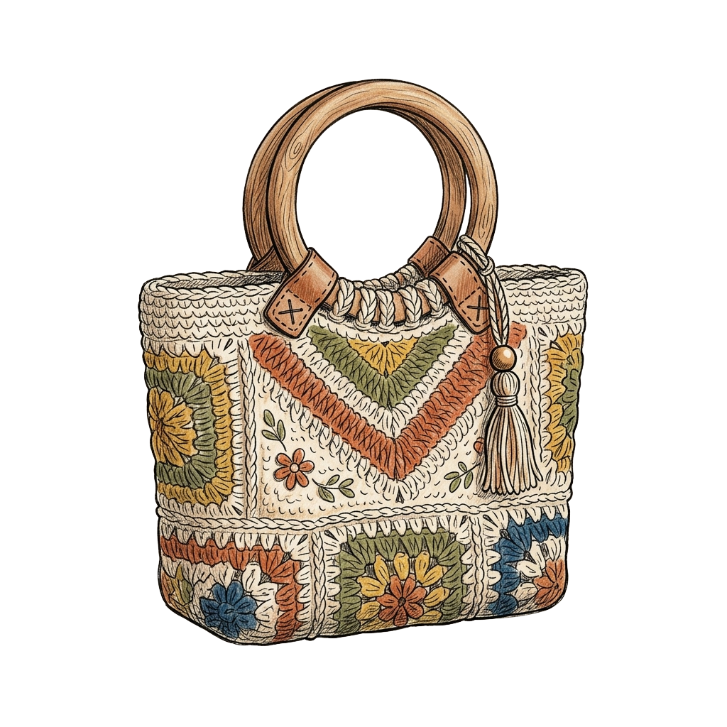 A handcrafted tote bag featuring intricate floral embroidery and a wooden handle