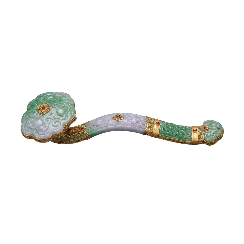 Decorative hair comb with green jade and gold accents featuring floral patterns and gemstone details