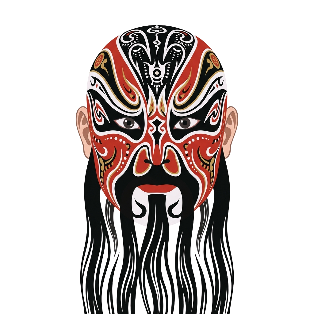 Traditional Chinese opera mask featuring bold red, black, and white facial patterns with long black beard.