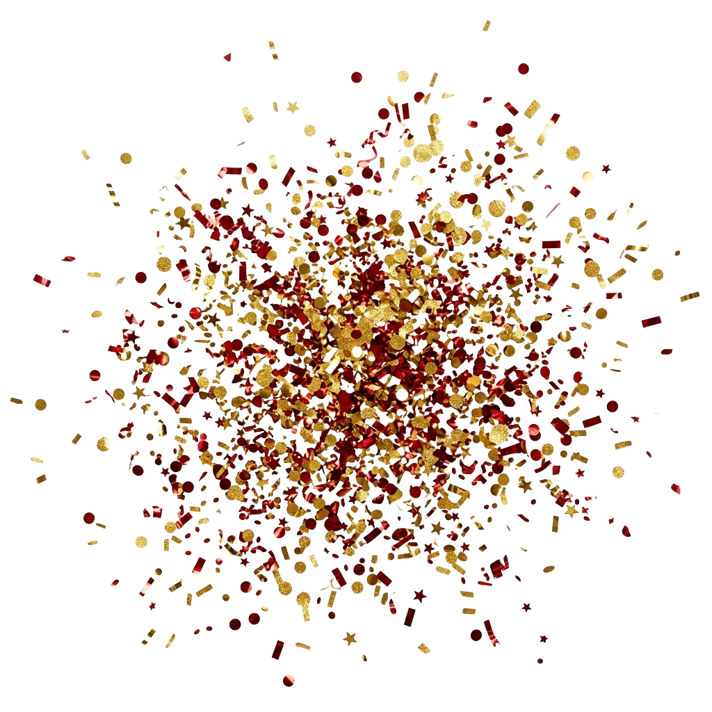 A digital art explosion with scattered red and gold particles against a black background