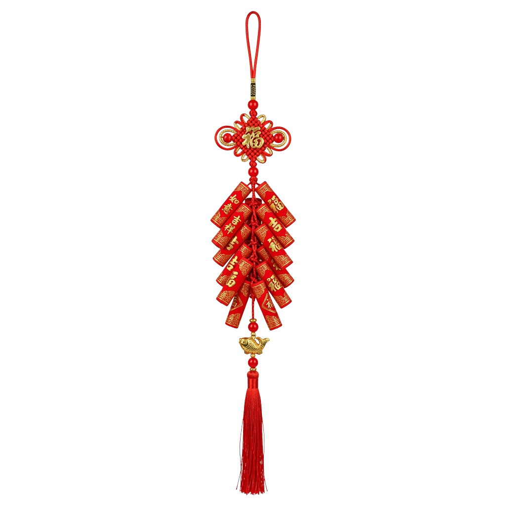 Red decorative knot with gold Chinese characters hanging on a red tassel against a black background