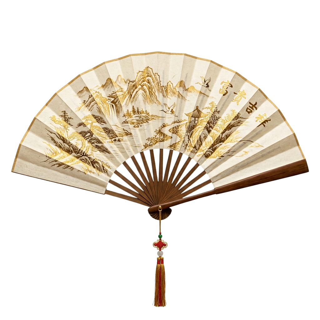Decorative Asian fan featuring golden painted landscapes, birds, and floral designs on cream silk with a wooden handle and tassel.