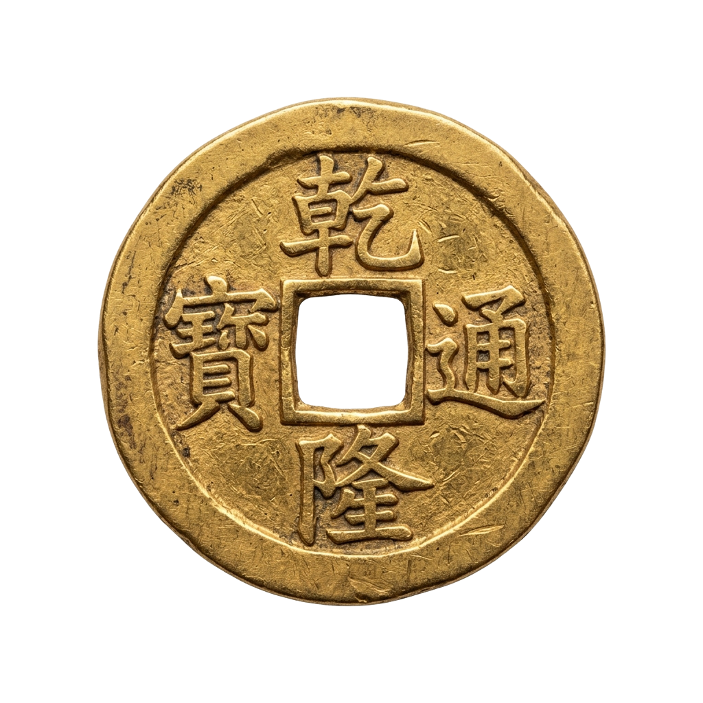 An old bronze Chinese coin featuring a square hole and traditional Chinese characters around the edges
