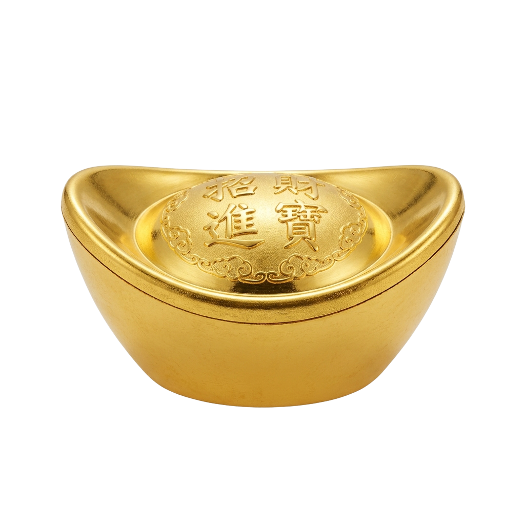 A golden ingot with Chinese characters and decorative patterns on the surface