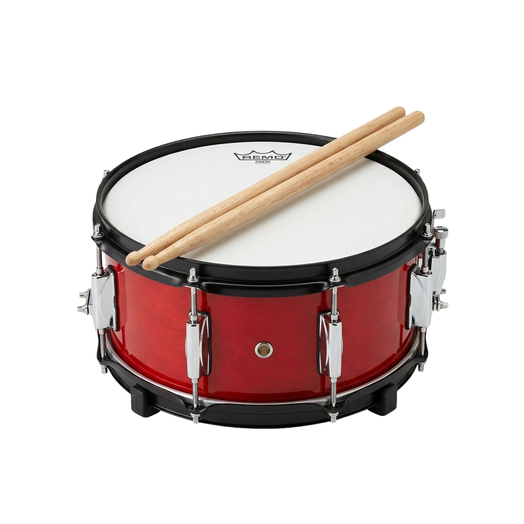 Red snare drum with a wooden drumstick resting on top against a black background