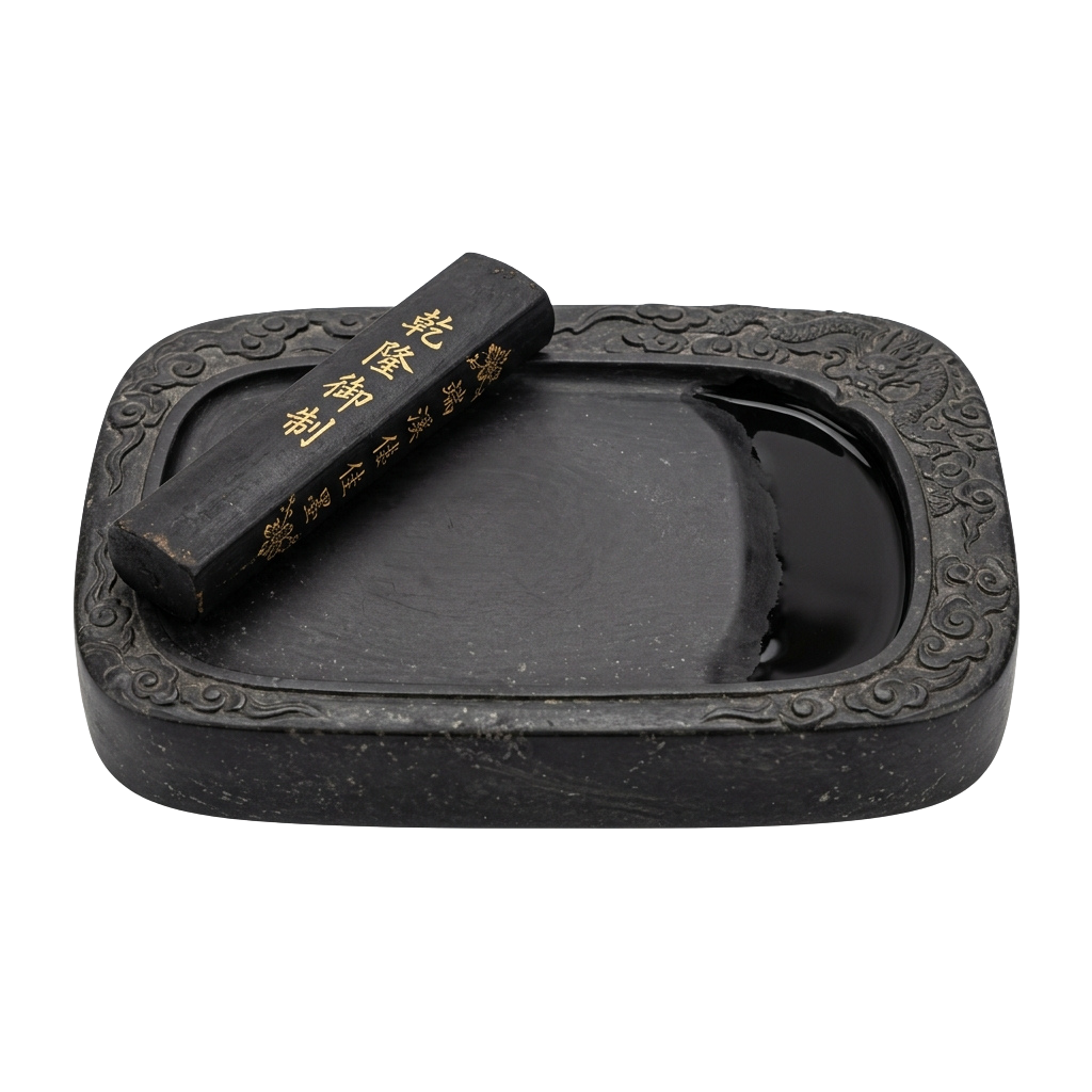 A black decorative inkstone with a matching ink stick and carved designs around the edges