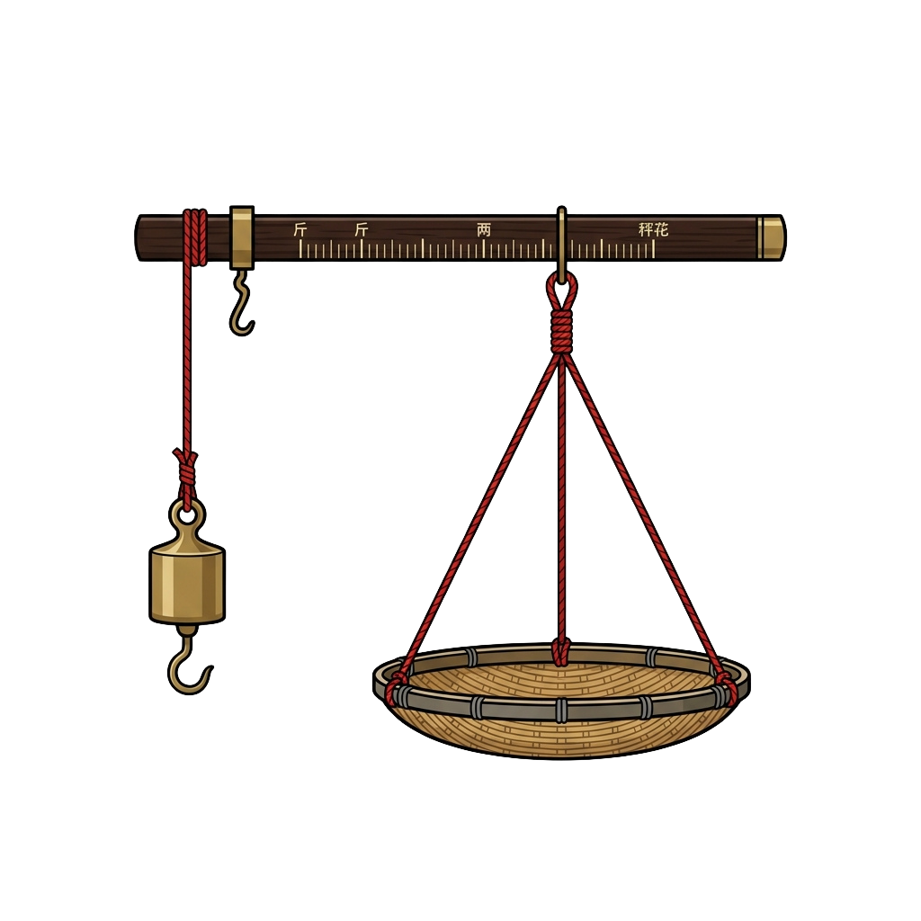A traditional Asian steelyard balance scale with a weight on the left hook and a woven basket on the right side