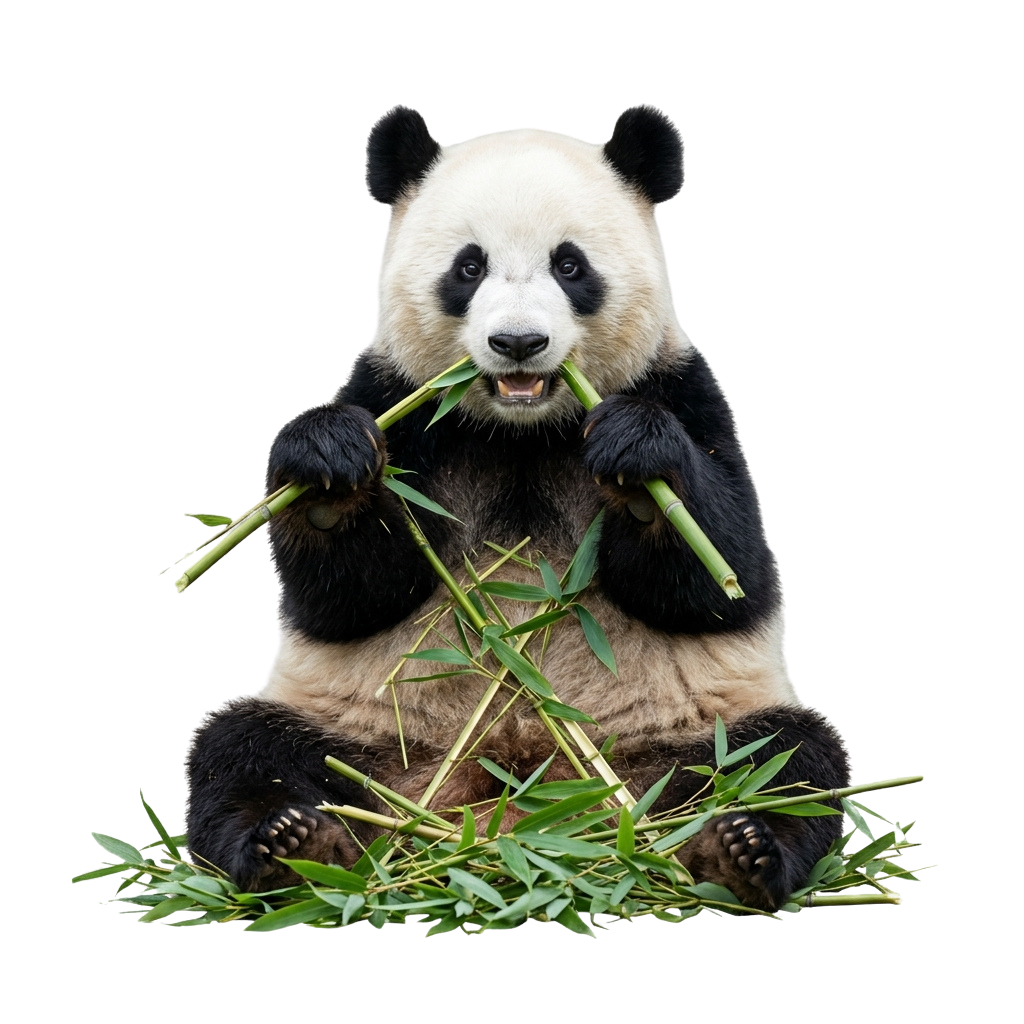 A giant panda sitting and eating bamboo leaves with an open mouth