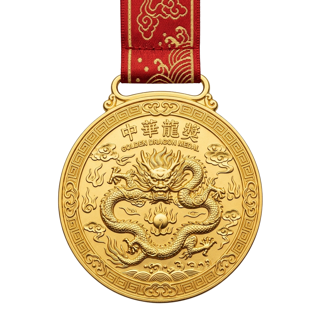 A gold-colored medal featuring an embossed dragon design and Chinese characters, attached to a red ribbon with decorative patterns