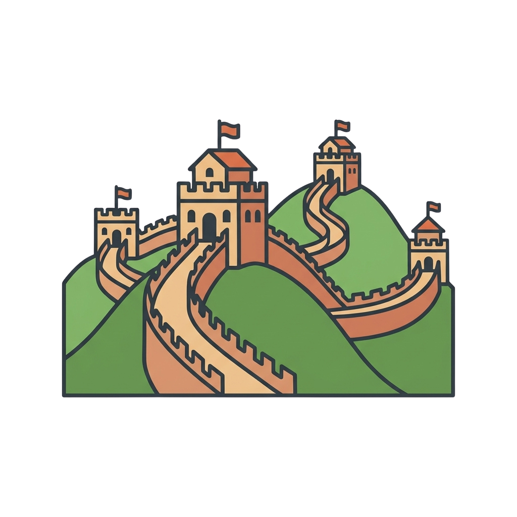 A stylized illustration of a fortified wall with towers and winding paths on green hills