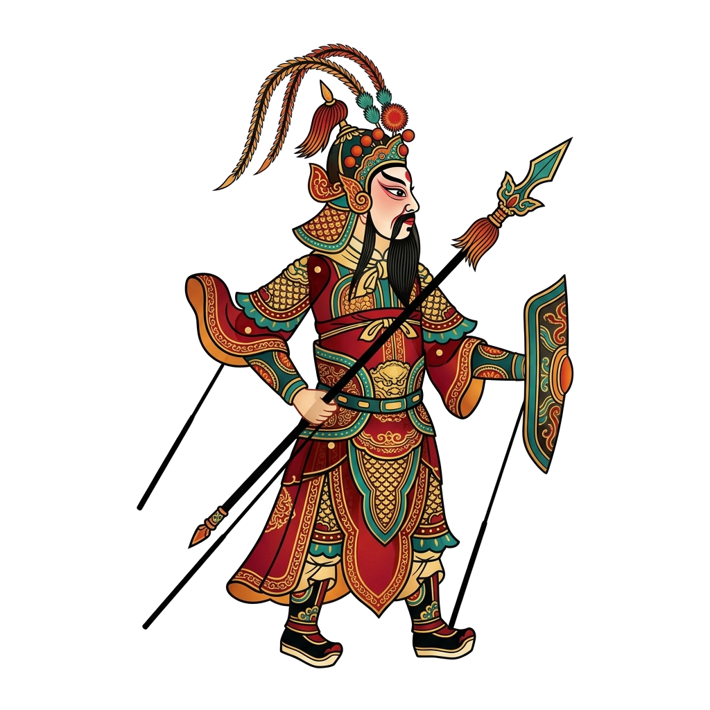 Illustration of a traditional Chinese warrior in ornate armor holding a spear and shield