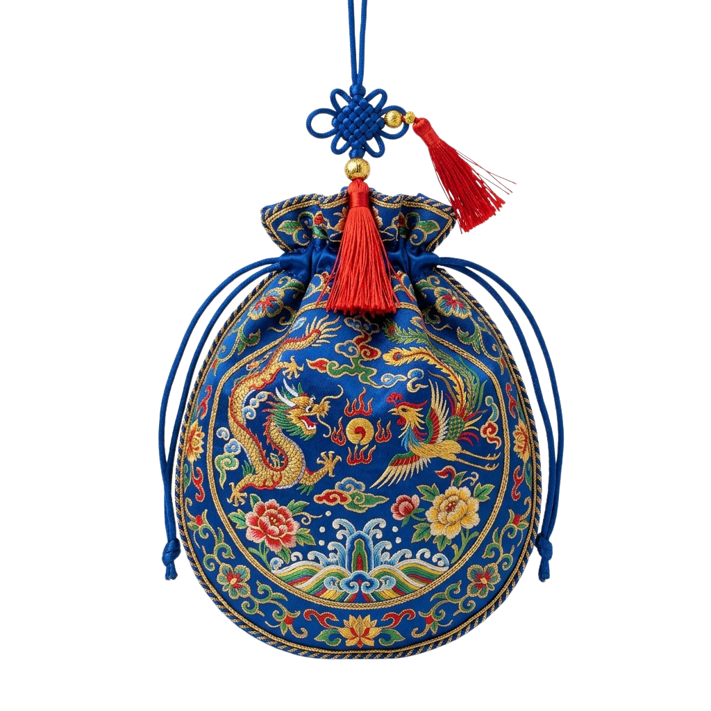Decorative blue pouch featuring embroidered dragon and phoenix with red tassel hanging from a blue cord knot