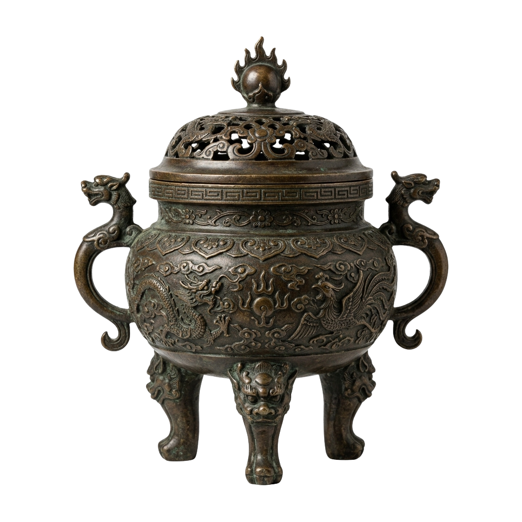 Intricate bronze incense burner featuring dragon handles and detailed cloud patterns