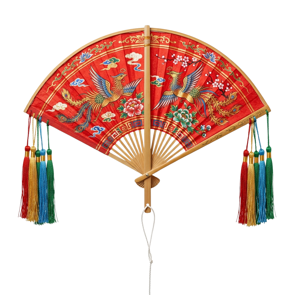 Decorative fan featuring two phoenix birds, floral patterns, and colorful tassels on a red background
