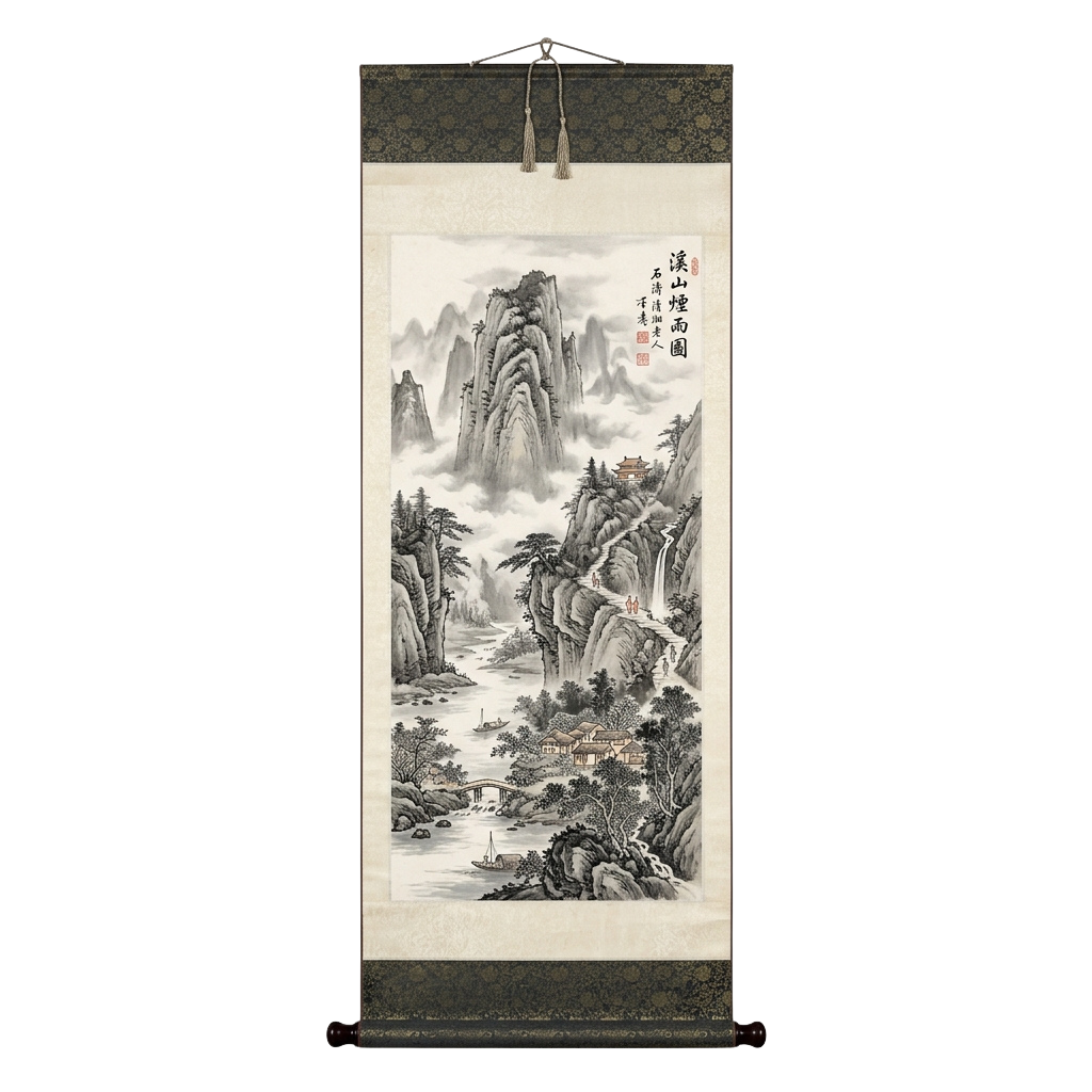 A detailed ink painting of a mountainous landscape with trees, a river, and a small bridge.
