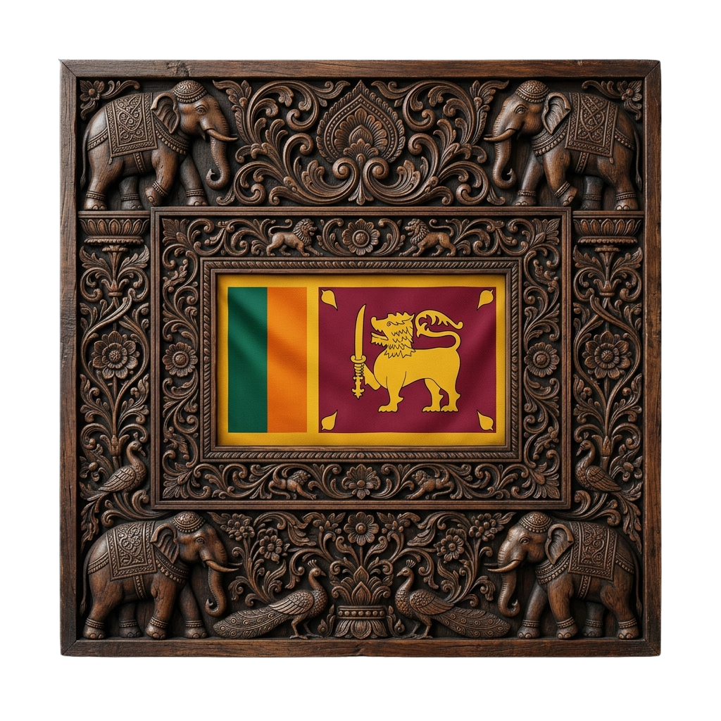 Wooden frame with intricate carvings of elephants surrounding the Sri Lanka flag featuring green, orange, and gold stripes with a lion emblem