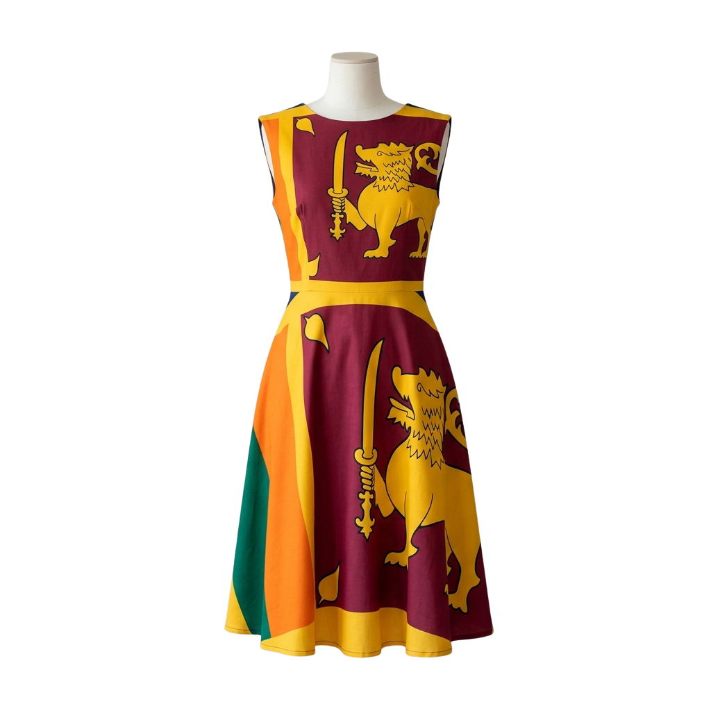 A sleeveless dress featuring a yellow lion with sword emblem on maroon and gold fabric with orange and green accents