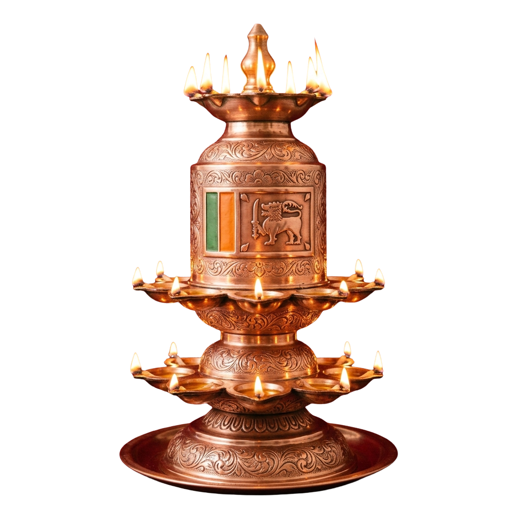 Intricate brass lamp with multiple tiers holding lit candles and a central emblem