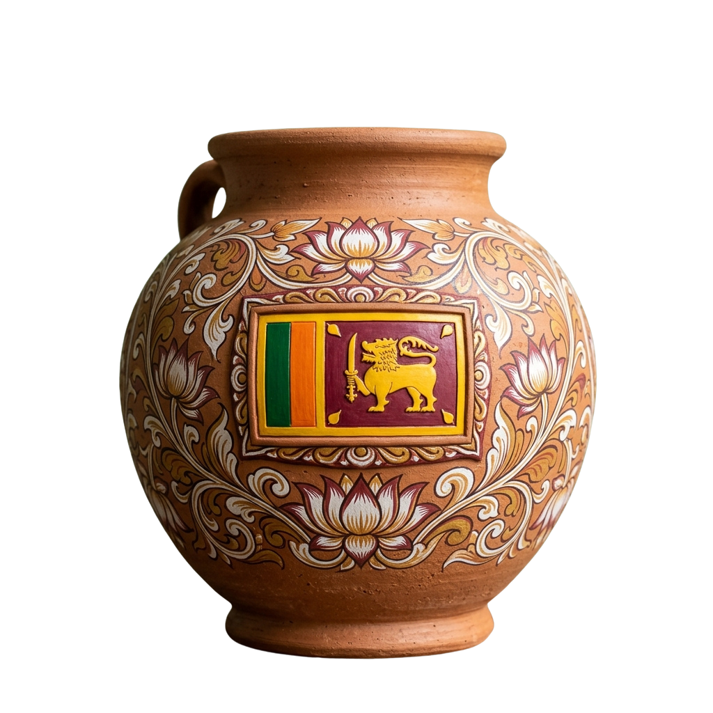 Ceramic pitcher featuring the Sri Lankan flag and lion emblem surrounded by intricate floral patterns