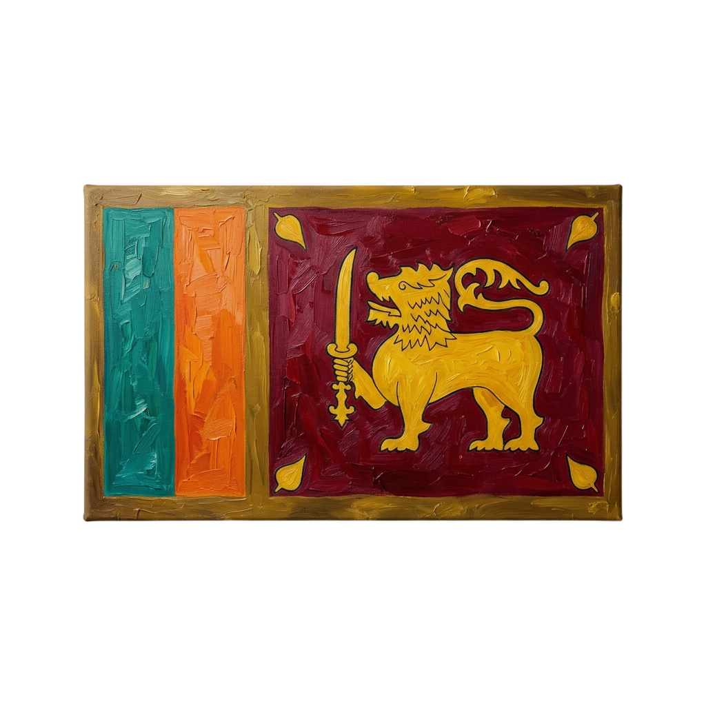 Artistic depiction of the Sri Lanka flag featuring a golden lion holding a sword on a maroon background with green, orange, and gold stripes