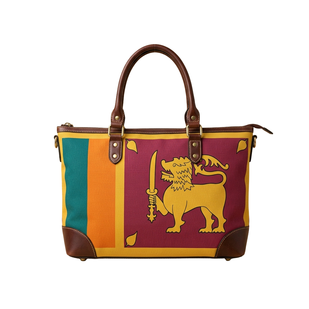 Tote bag featuring a yellow lion emblem on a maroon background with green, orange, and yellow stripes.